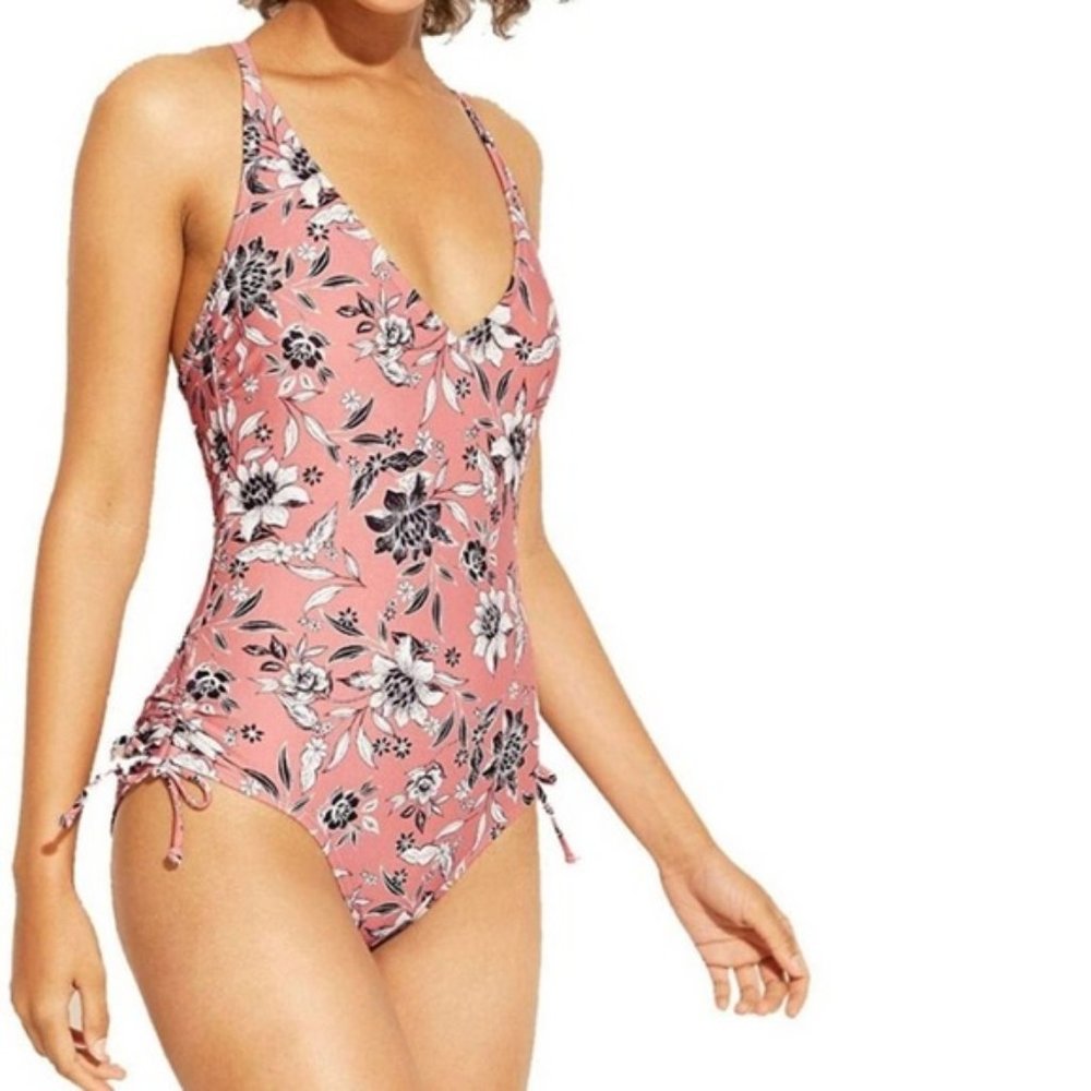 Kona Sol Pink V-Neck One Piece Swimsuit with Abstract Floral Print